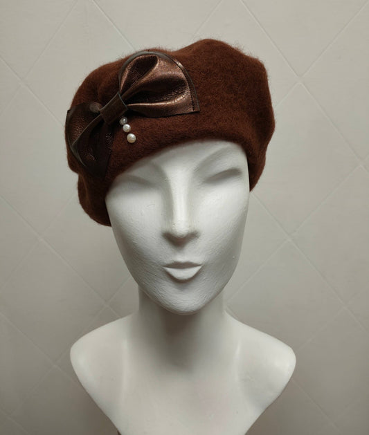 Beret Nice Berets Luxury Clara Bow 100% Wool Beret in Dark Chocolate with Metallic Bronze Leather and Freshwater Pearls