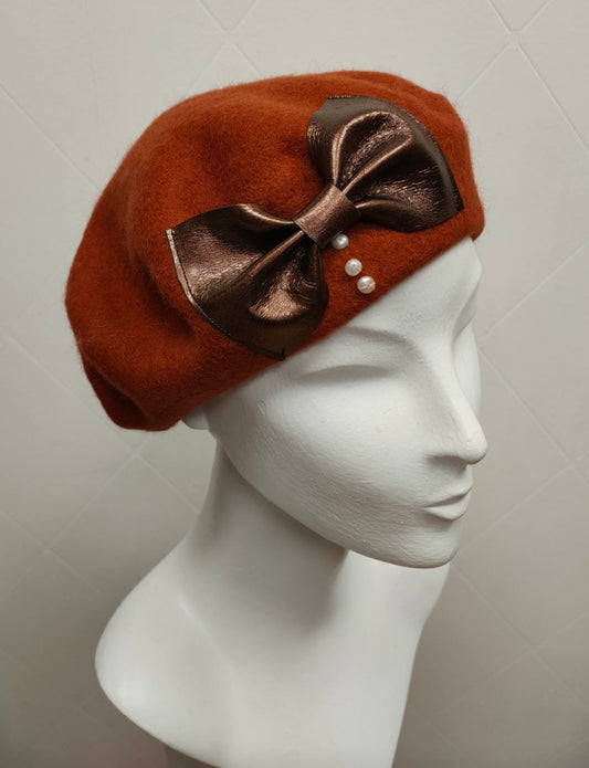 Beret Nice Berets Luxury Clara Bow 100% Wool Beret in Squirrel with Metallic Bronze Leather and Freshwater Pearls