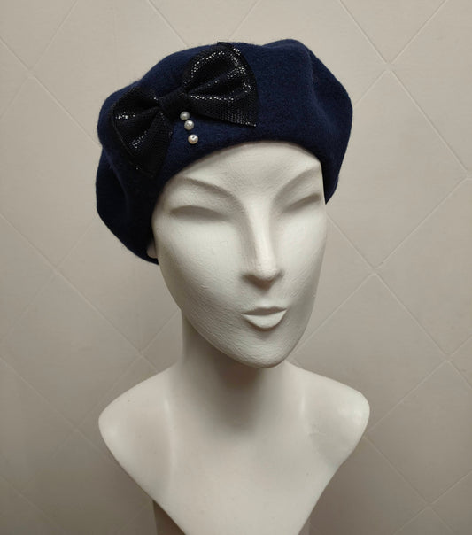Beret Nice Berets Luxury Clara Bow 100% Wool Beret in Navy Blue with Real Leather and Freshwater Pearls