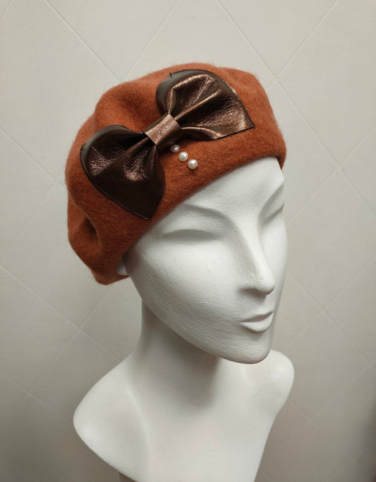 Beret Nice Berets Luxury Clara Bow 100% Wool Beret in Cinnamon with Metallic Bronze Leather and Freshwater Pearls