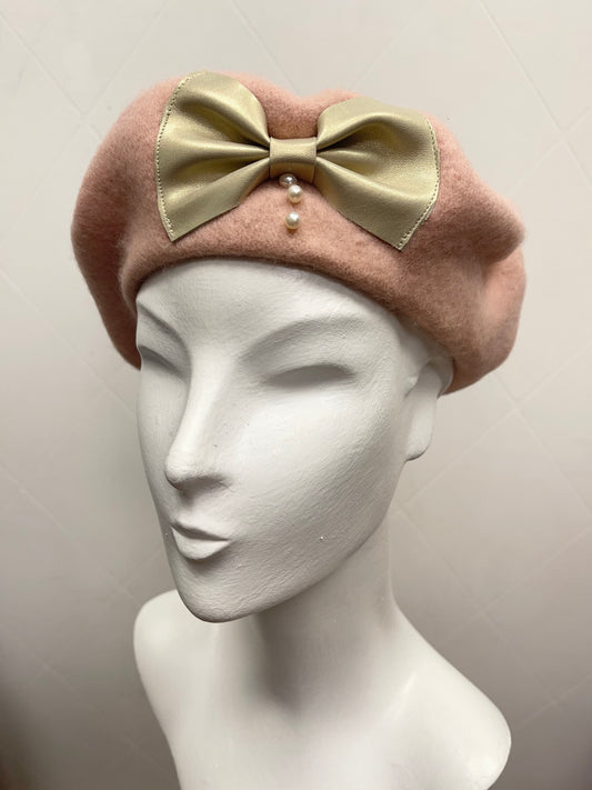 Beret Nice Berets Luxury Clara Bow 100% Wool Beret in Baby Pink with Metallic Gold Leather and Freshwater Pearls
