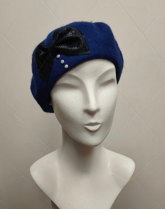 Beret Nice Berets Luxury Clara Bow 100% Wool Beret in Brilliant Blue with Real Leather and Freshwater Pearls
