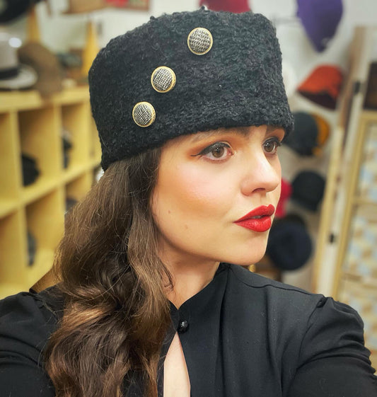 Beret Nice Berets Handmade Made to Order Cossack Hat in Wool, Boucle or Cotton Velvet With Button OR Leather Bow Detail