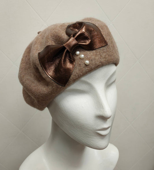 Beret Nice Berets Luxury Clara Bow 100% Wool Beret in Mushroom with Metallic Bronze Leather and Freshwater Pearls