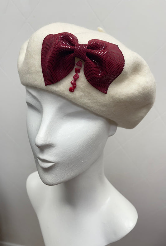 Beret Nice Berets Luxury Clara Bow 100% Wool Beret in Ivory with Red Real Leather & Sea Bamboo