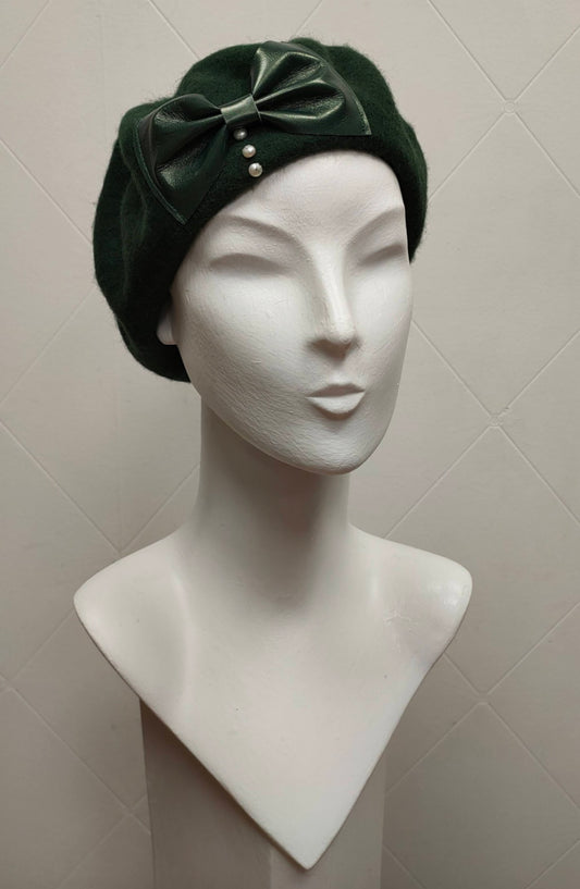 Beret Nice Berets Luxury Clara Bow 100% Wool Beret in Forest Green with Green Leather and Freshwater Pearls