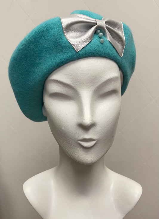 Beret Nice Berets Luxury Clara Bow 100% Wool Beret in Light Turquoise Blue with Silver Real Leather and Jade Beads