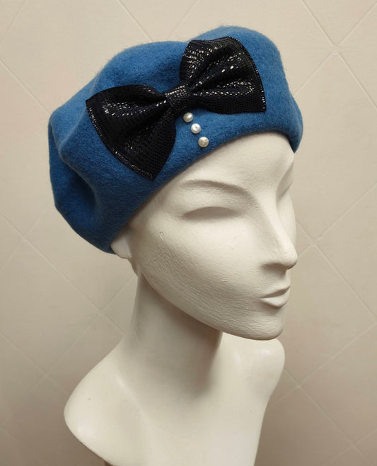 Beret Nice Berets Luxury Clara Bow 100% Wool Beret in Cerulean Blue with Real Leather and Freshwater Pearls