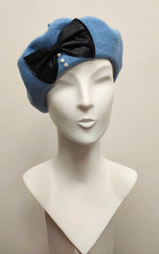 Beret Nice Berets Luxury Clara Bow 100% Wool Beret in Baby Blue with Real Leather and Freshwater Pearls