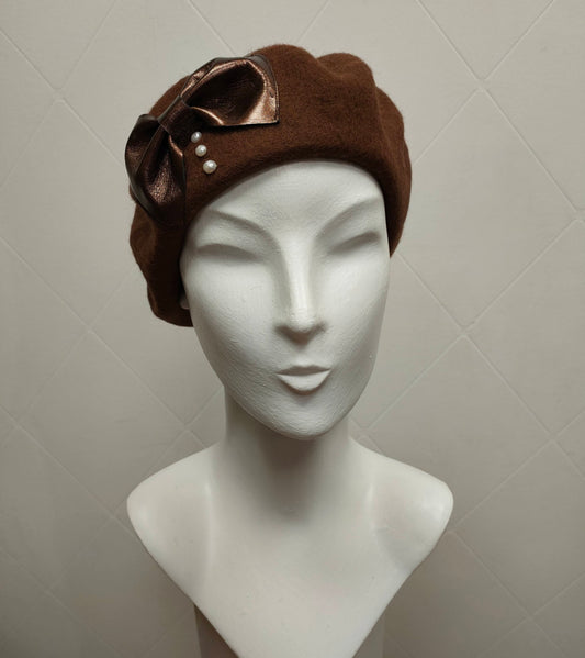 Beret Nice Berets Luxury Clara Bow 100% Wool Beret in Milk Chocolate with Metallic Bronze Leather and Freshwater Pearls